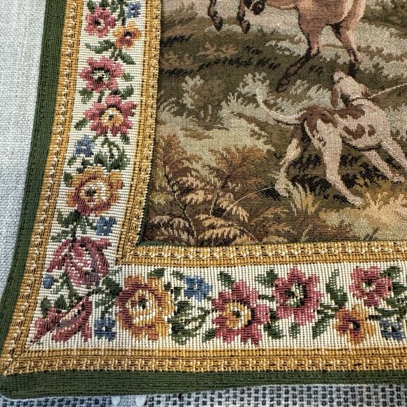 French style VTG Tapestry Wall Hanging Cottagecore Country Cottage Dog Horse - Picture 3 of 6